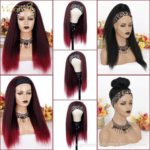 Kinky straight wholesale cheap ombre fiber hair for wig glueless non lace synthetic hair and wigs headband wig black women bulk